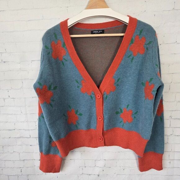 Shein Mod Oversized Cardigan Sweater Size L Blue Orange Floral Retro - Picture 2 of 8